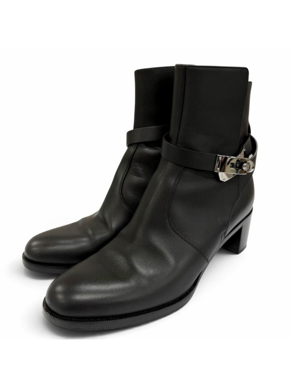 Hermes French 50 Silver Kelly Buckle Leather Short Boots Black